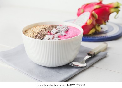 Bowl With Dragon Fruit Smoothie On Table