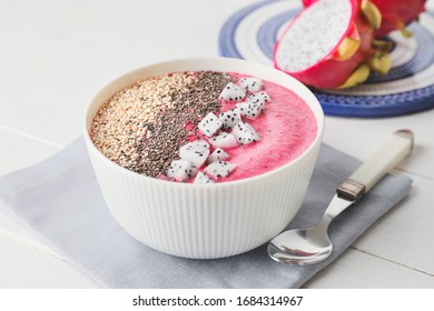 Bowl With Dragon Fruit Smoothie On Table