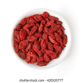 Bowl Of Dried Goji Berries Isolated On White Background, Top View