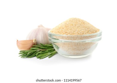 Bowl Of Dry Garlic Powder And Rosemary On White Background