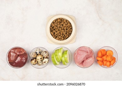 A Bowl Of Dry Pet Food. Ingredients For Preparing Food For Dogs And Cats. View From Above.