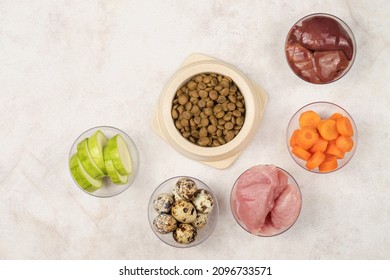 A Bowl Of Dry Pet Food. Ingredients For Preparing Food For Dogs And Cats. View From Above.