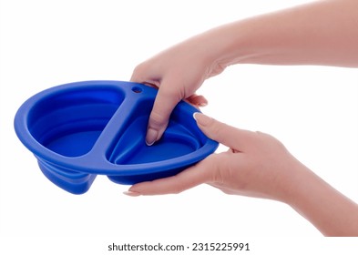A bowl for feeding dogs or cats in a female hand - Shutterstock ID 2315225991
