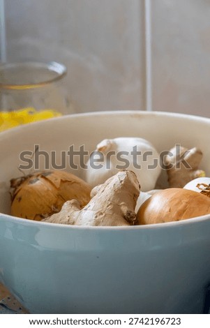 bowl filled with garlic bulbs, knobs of ginger and brown onions
