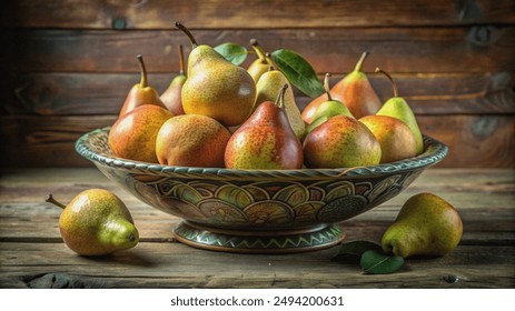 A bowl filled with ripe pears sits on a rustic wooden table, creating a classic still life composition. - Powered by Shutterstock