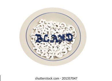 Bowl filled with white letters with blue letters spelling BLAND