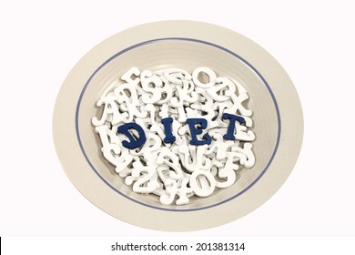 Bowl filled with white letters and blue letters spelling DIET