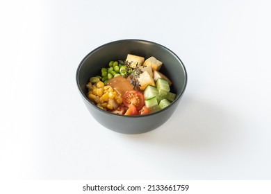 Bowl With Fish, Carrots, Shrimp, Edamame Beans, Avocado, Nori