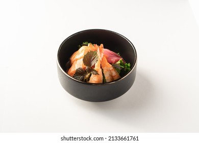 Bowl With Fish, Carrots, Shrimp, Edamame Beans, Avocado, Nori