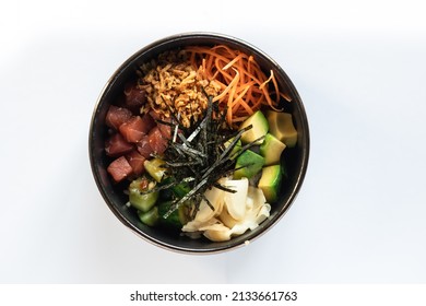 Bowl With Fish, Carrots, Shrimp, Edamame Beans, Avocado, Nori