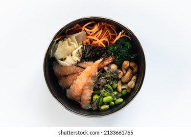 Bowl With Fish, Carrots, Shrimp, Edamame Beans, Avocado, Nori