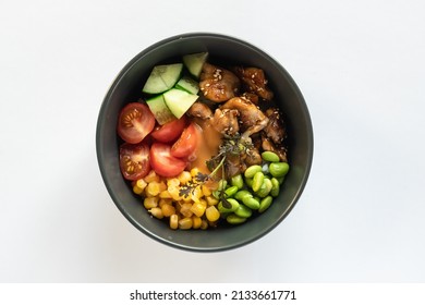 Bowl With Fish, Carrots, Shrimp, Edamame Beans, Avocado, Nori