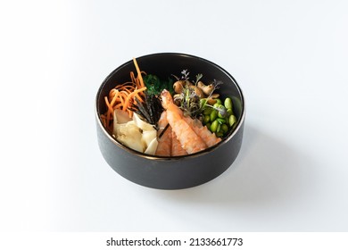 Bowl With Fish, Carrots, Shrimp, Edamame Beans, Avocado, Nori