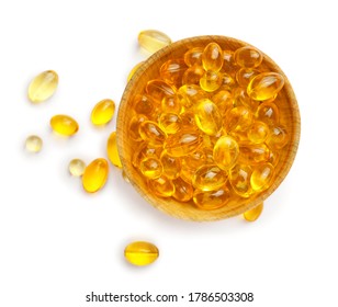 Bowl With Fish Oil Capsules On White Background