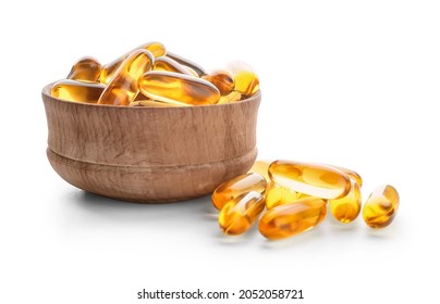 Bowl With Fish Oil Capsules On White Background