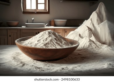 A bowl of flour and heap of flour on the table