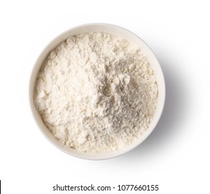 bowl of flour isolated on white background, top view