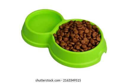 A bowl of food and water for a cat or dog on a white background