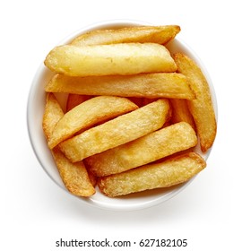 Bowl Of French Fries Isolated On White Background, Top View