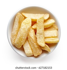 Bowl Of French Fries Isolated On White Background, Top View