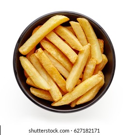 Bowl Of French Fries Isolated On White Background, Top View