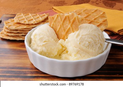 A Bowl Of French Vanilla Ice Cream With Gourmet Caramel Butter Toffee Wafers