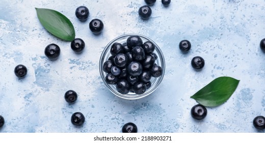 Bowl With Fresh Acai Berries On Blue Background