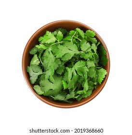 Bowl with fresh cilantro on white background - Shutterstock ID 2019368660