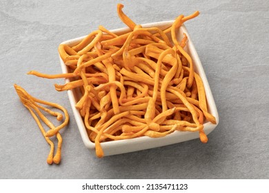 Bowl With Fresh Cordyceps Fungus Close Up