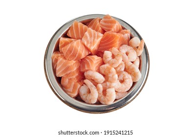 Bowl Of Fresh Fish And Prawns For Pet Cats With Boiled Shrimp Tails And Diced Raw Salmon In A Bowl Viewed Top Down Isolated On White