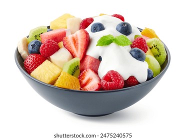 Bowl of fresh fruit salad and greek yogurt isolated on white background - Powered by Shutterstock