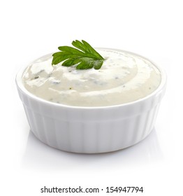 Bowl Of Fresh Garlic Dip Sauce On White Background