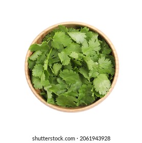 Bowl with fresh green coriander leaves isolated on white, top view - Shutterstock ID 2061943928