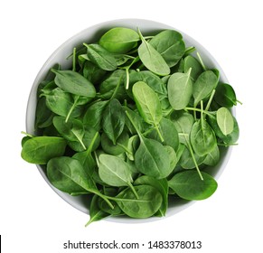 Bowl Of Fresh Green Healthy Baby Spinach On White Background, Top View