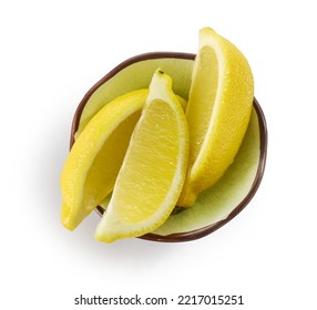 Bowl Of Fresh Lemon Slices Isolated On White Background, Top View