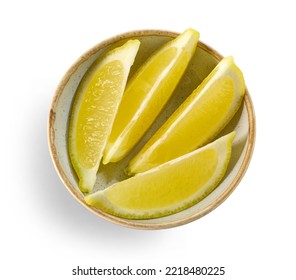 Bowl Of Fresh Lemon Slices Isolated On White Background, Top View