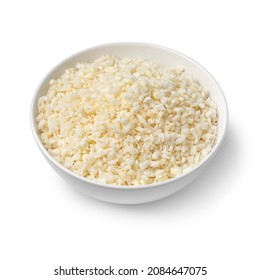 Bowl With Fresh Raw Cauliflower Rice Isolated On White Background 