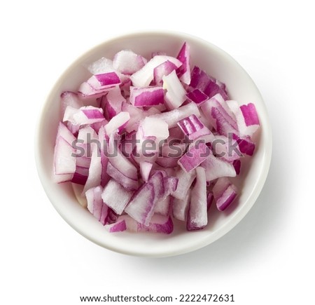 bowl of fresh raw chopped onions isolated on white background, top view