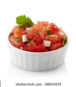 Bowl Of Fresh Salsa Dip Isolated On White Background