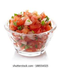 Bowl Of Fresh Salsa Dip Isolated On White Background