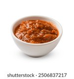 bowl of fresh salsa sauce isolated on white background. Fresh salsa dip isolated on white background.