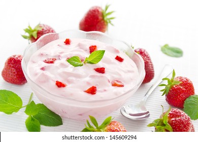 Bowl With Fresh Strawberry Yogurt And Strawberries