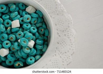 Bowl Of Froot Loops And Marshmallow On Lace Doily