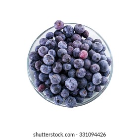 Bowl Of Frozen Domestic Blueberries Isolated On White Background