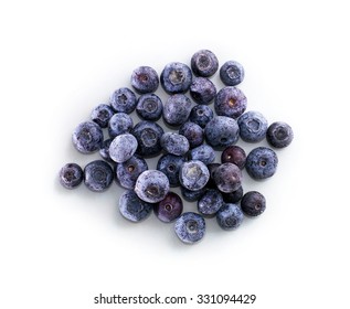 Bowl Of Frozen Domestic Blueberries Isolated On White Background