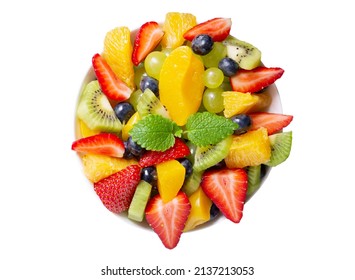 Bowl Of Fruit Salad Isolated On White Background, Top View