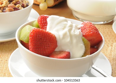 A Bowl Of Fruit Salad Topped With Yogurt