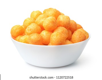 Bowl Full Of Cheese Puff Balls Isolated On White