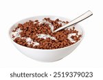 A bowl full of chocolate coated puffed rice cereals and milk isolated on white, accurate clipping path embedded

