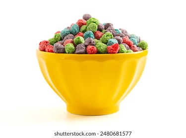 Bowl Full of Red Purple Green and Blue Berry Flavored Kids Cereal Isolated on a White Background - Powered by Shutterstock